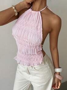Aloruh Sexy & Elegant Light Pink Halter Backless Tie Strap Women Tank Top - Baby Pink - View 6