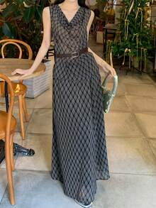 DAZY Women's Plunging Neck Sleeveless Argyle Maxi 2 Pieces Set, Fashionable For Summer - Light Grey - View 3