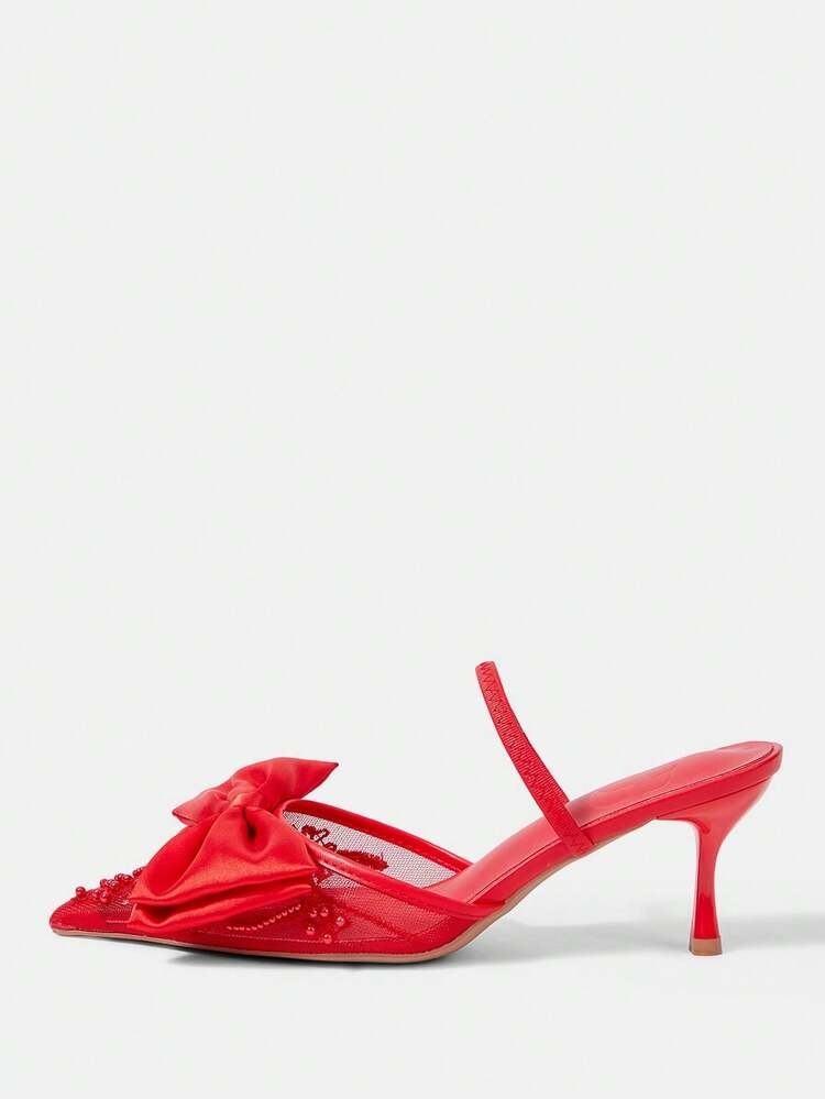 CUCCOO HITCHD Women's Elegant Pointy Toe Slingback High Heels With Beaded Mesh, Romantic Lace Design, Black Color, Suitable For Weddings, Parties, Formal Occasions Valentine's Day Elegant Shoes