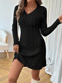 EMERY ROSE V-Neck Cinched Waist A-Line Sweater Dress, Floral Texture, Casual & Business Elegant, Warm For Autumn/Winter - Black - View 1