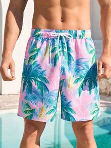 Manfinity Swimmode 男士棕榈树印花抽绳腰带时尚休闲沙滩短裤，男士配套泳裤，男士泳裤，男士沙滩装，男士泳裤短裤，夏威夷男士泳裤，粉色泳池派对装，迈阿密度假装，男士沙滩装 - 粉色 - 查看 4