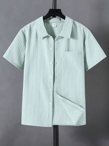 SHEIN 青少年男童纯色领单排扣休闲百搭日常短袖衬衫 - 綠色 - 查看 3