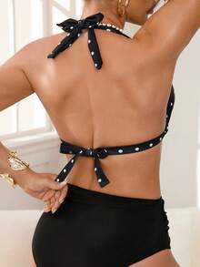 Swim DD+ Women's Polka Dot Print Halter Tie Sexy Bikini Top - Black and White - View 2