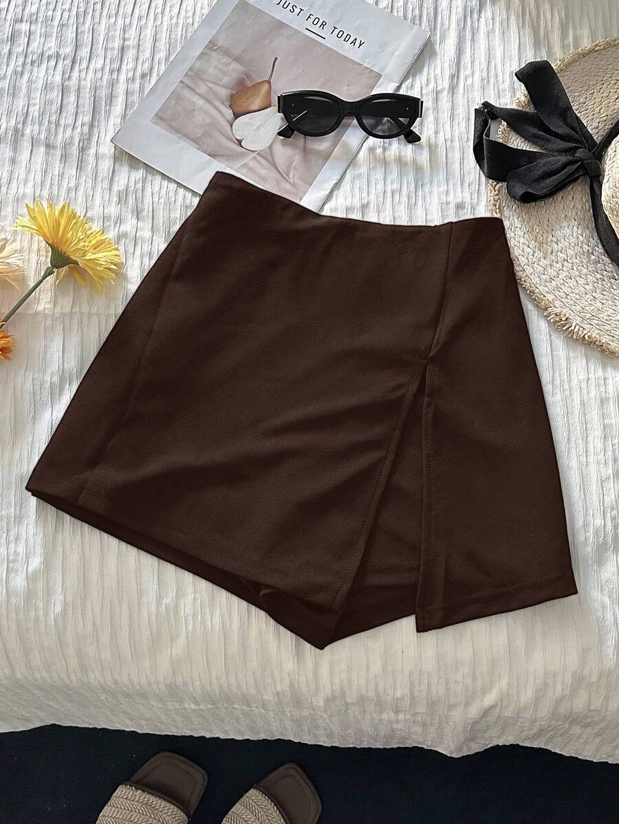 SHEIN EZwear 大码女士休闲日常通勤简约纯色巧克力棕色阔腿裤 - 巧克力棕 - 查看 1