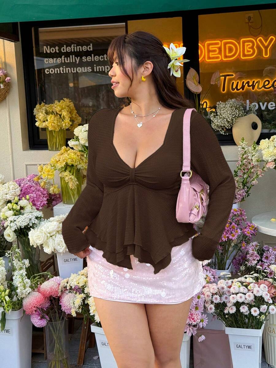 GalTyme 巧克力棕色加大码女式不对称荷叶边长袖时尚T恤 - 巧克力棕 - 查看 1