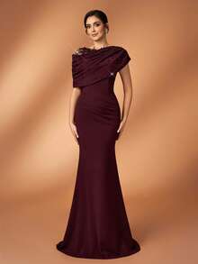 Serin 优雅浪漫奢华黑色弹力针织撞色网纱不对称荷叶边美人鱼裙摆连衣裙，饰有贴花、珠子和水钻设计，适合晚宴、约会、婚礼、新娘母亲礼服 - 紫紅色 - 查看 6