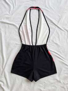 Soleia Women's Vacation White Knit Textured Wavy Pattern Deep V Neck Backless Sexy Bodysuit, Fashionable Fitted For Party, Date, Afternoon Tea, Boho Vacation, Beach, Summer Outfit, Carnival Outfit - Black - View 2