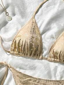 SHEIN Swim Bộ đồ bơi đi biển cho nữ có họa tiết kim loại - Vàng - Xem 3