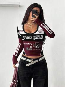 Coolane 女士 Y2K 街头风摩托车图案 V 领抹胸 T 恤 - 彩色 - 查看 6