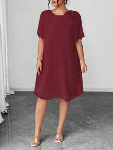 Vestido midi con cuello redondo, manga corta, de corte regular en gasa con pliegues para mujer talla grande, color rosa claro, para primavera/verano - Burdeos - Ver 3