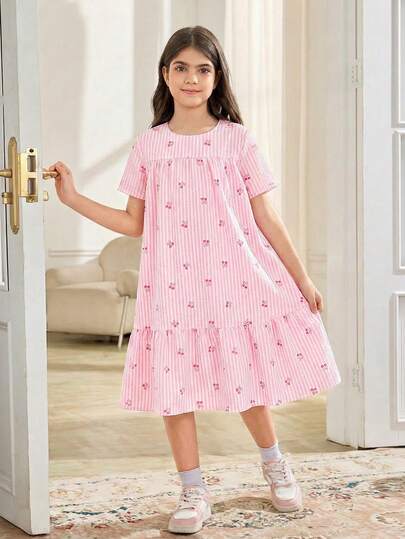 SHEIN فستان قصير كاجوال بأكمام قصيرة وياقة مستديرة فضفاض على شكل خط أنبوبي مع فيونكة كرزية للفتيات المراهقات