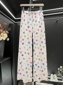 GlowEve 女士休闲优雅印花高腰抽绳宽松直筒裤，日常百搭 - 白色 - 查看 3