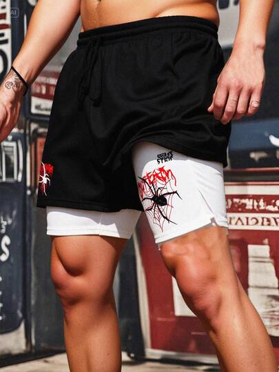 SHEIN 青少年男童黑色双层蜘蛛印花二合一运动短裤，黑白配色，休闲舒适，时尚简约，百搭柔软面料，适合日常穿着、上学、郊游、户外运动、音乐节、节日派对、夏季海滩度假、夏日休闲、假期、春夏穿着。