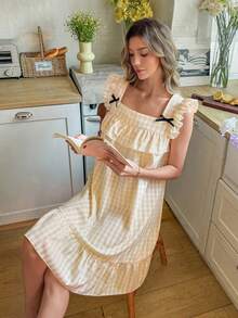 SHEIN Women's Fresh & Cute Plaid Square Collar Ruffle Hem A-Line Nightgown - Yellow - View 3