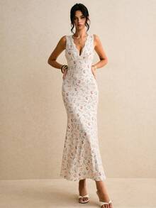 Poéselle 女士碎花撞色蕾丝V领无袖修身鱼尾优雅连衣裙 - 彩色 - 查看 4