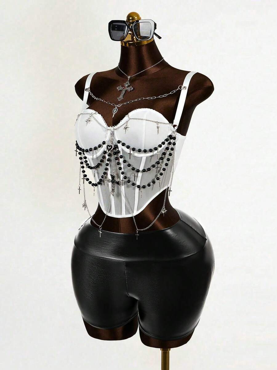 Mistrie Women's Sexy Punk Beaded Chain Curved Hem Cropped Camisole Rhinestone Top Sexy Tops For Club Beaded Swimsuit Beaded Bikini Tube Top With Bra - White - View 1