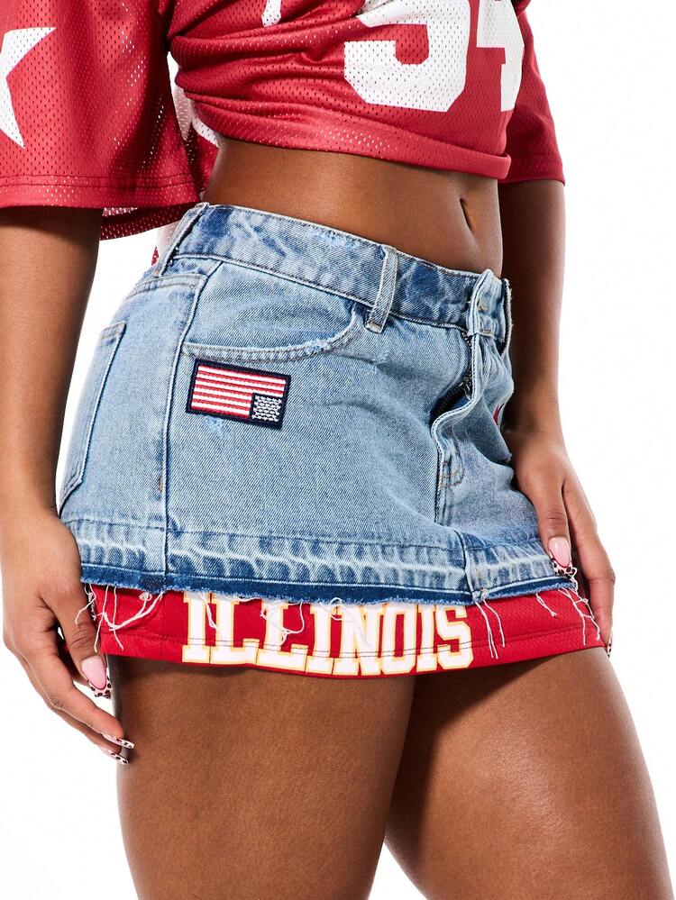 SUMWON WOMEN Deconstructed Denim Mini Skirt With Basketball Patches