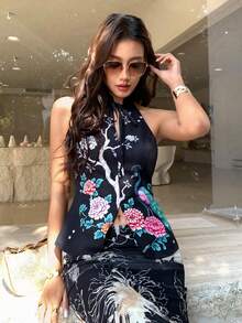 EastFlair 女士印花露背休闲百搭度假上衣，夏季女装，适合夏季假期、情人节、海滩度假、外出穿着 - 黑色 - 查看 4