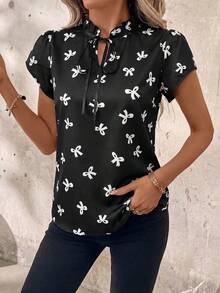 SHEIN Clasi Áo kiểu nữ ôm dáng, cổ buộc nơ, tay ngắn, thích hợp cho mùa hè, phong cách đồng quê, thích hợp cho giáo viên. - Đen và trắng - Xem 3