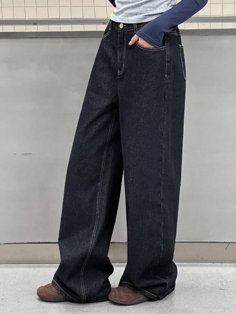 Casual Loose Fit Slant Pocket Denim Jeans For Teen Girls