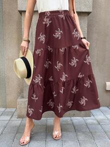 Solivie Women's Elastic Waist Floral Embroidery Pattern Casual Versatile Holiday Skirt - Rust Brown - View 1