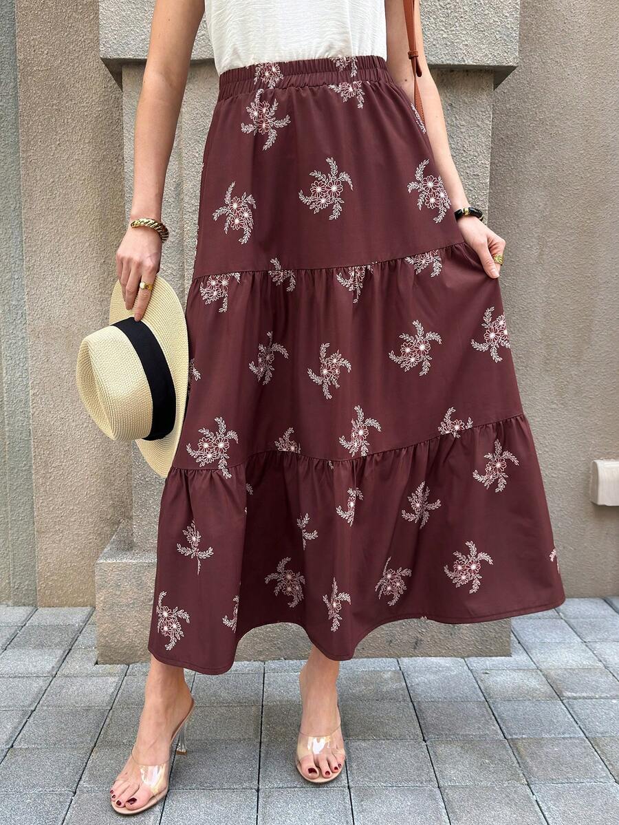 Solivie Women's Elastic Waist Floral Embroidery Pattern Casual Versatile Holiday Skirt - Rust Brown - View 1