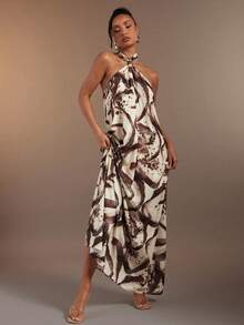 Hauture Women's Sexy Abstract Animal Skin Zebra Brown Print Backless Halter Neck Loose Maxi Dress - Multicolor - View 1