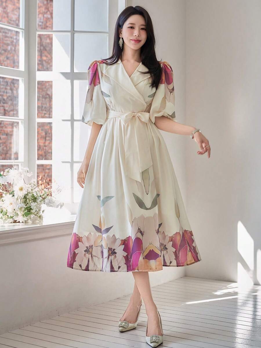 DAZY 女士优雅印花长连衣裙，翻领、泡泡袖、腰带设计，夏季婚礼宾客礼服 - 紅色 - 查看 1