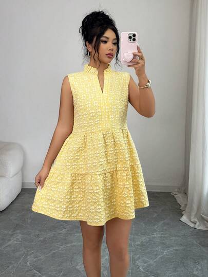 Rafferiza Women's Jacquard Fabric Frill Collar Sleeveless Pleated A-Line Elegant Minimalist Short Dress