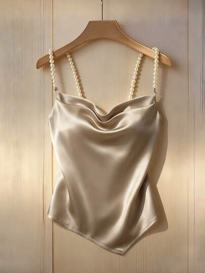 Franclia Camiseta asimétrica elegante y versátil para mujer con decoración de perlas, satinada y brillante, para primavera/otoño