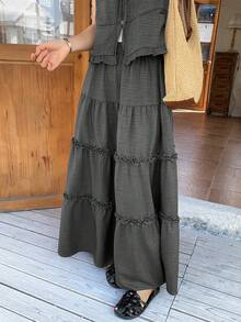 FRIFUL Conjunto de 2 piezas de mujer con cárdigan con lazo y tirantes, y falda con cintura elástica y volantes en el bajo, estilo natural - Gris - Ver 5