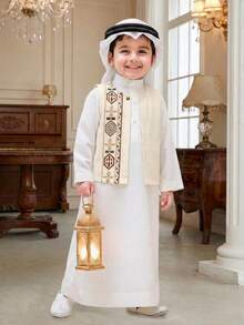 SHEIN Bộ 2 món gồm áo vest in hình sao và trăng cổ điển và áo sơ mi dài cổ đứng, trang phục thường ngày cho bé trai, thích hợp đi học, sinh nhật, mùa xuân, hè, thu. - trắng - Xem 2