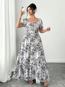 Elenzga Đầm hè cỡ lớn dành cho nữ, đầm maxi ôm dáng thanh lịch, tối giản, in họa tiết phác thảo, cổ vuông, tay ngắn, bèo nhún ở eo, thắt lưng, đầm trắng cỡ lớn dành cho nữ, thích hợp cho mùa xuân, ngày lễ tình nhân, tiệc tùng, đám cưới, lễ tốt nghiệp, kỳ nghỉ, đầm thanh lịch dành cho nữ, đầm thường ngày dành cho nữ, đầm dự tiệc, trang phục đi chơi dành cho nữ. - Đen và trắng - Xem 4
