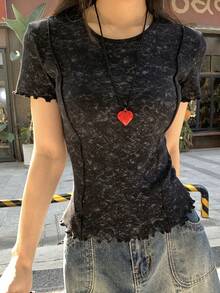 DAZY Women's Casual Distressed Washed Round Neck T-Shirt, Spring/Summer - Black - View 6