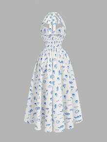 SHEIN MOD Women's Vacation Shell Print Waist Cinched Elegant Halter Dress - Blue and White - View 4