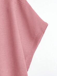 EMERY ROSE 大码夏季休闲纯色圆领T恤和裤子两件套 - 粉色 - 查看 5