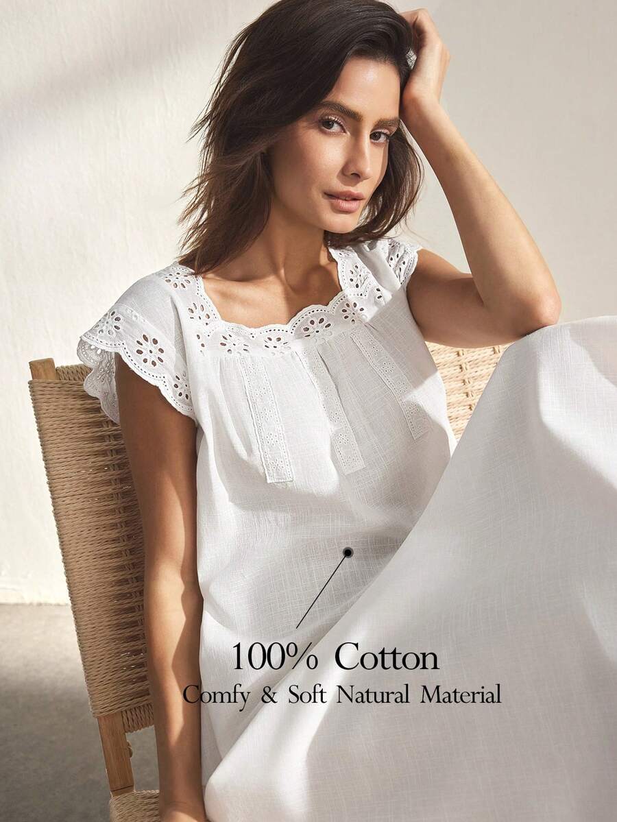 Ocili 100% Cotton Soft & Comfortable Ruffled Bow Tie Sleepwear Dress For Women - White - View 1