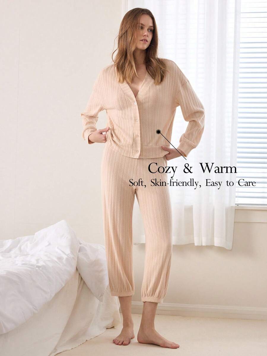 Ocili Gestreifter Fleece Langarm Cardigan & lange Hose bequemer Pyjama-Set für Frauen - Aprikosenfarben - Übersicht 1