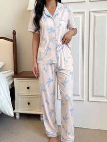 2pcs Teen Girl Pajamas  Casual Bow Tie Printed Short Sleeve Top And Loose Pants Loungewear Set - Apricot - View 10