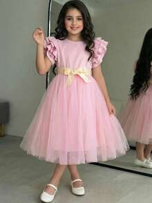 SHEIN Tween Girl Elegant Round Neck Ruffle Hem Mesh Overlay Dress - Pink - View 1