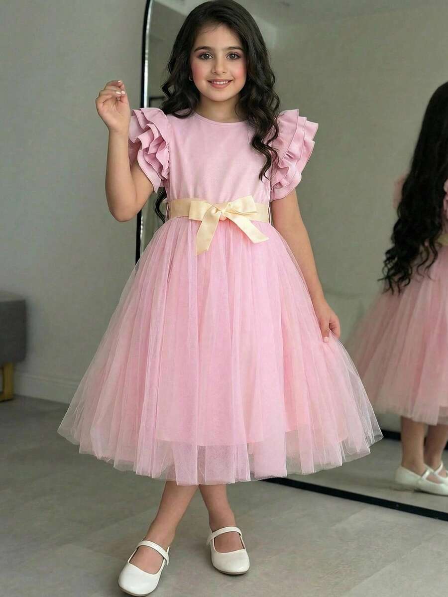 SHEIN Tween Girl Elegant Round Neck Ruffle Hem Mesh Overlay Dress - Pink - View 1