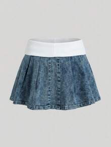 Sweetra Women's Fashion Casual Versatile Patchwork Pleated Denim Mini Skirt - Dark Wash - View 2