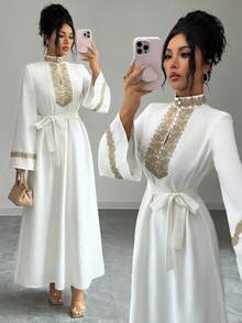 Elenzga 女士优雅闪亮休闲蕾丝腰身连衣裙 - 米色 - 查看 5