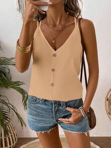 SHEIN LUNE Women's Solid Color Button Design Casual Loose Camisole - Khaki - View 3