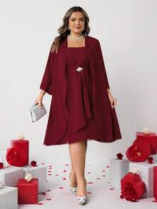 SHEIN CURVE+ 大码女装春秋季优雅纯色水钻装饰垂褶前腰收腰连衣裙及轻薄外套套装 - 酒紅色 - 查看 8