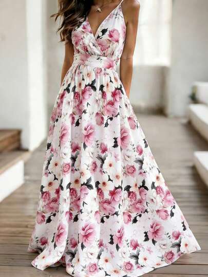 Balvessa Damklänning med V-ringning och blommönster, åtsittande midja, ärmlös