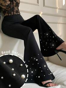 Modelyn Pantalones acampanados de estilo casual y elegante con perlas para mujer, color negro - Negro - Ver 2