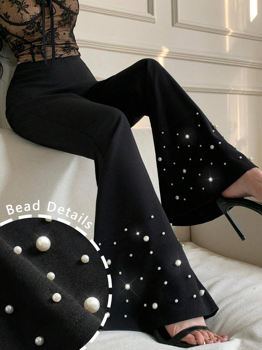 Modelyn Pantalones acampanados de estilo casual y elegante con perlas para mujer, color negro