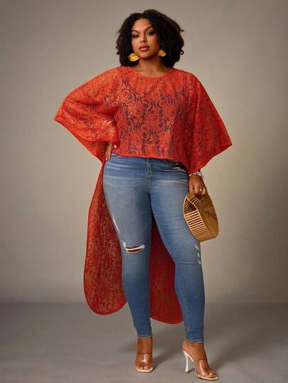 EMERY ROSE Plus Size Women Cashew Lace Round Neck High Low Hem Fashionable Blouse,Vacation/Summer/Spring Vacation Outfits Women Holiday Outfits For Women Beach Vacation Outfits For Women Poncho Top