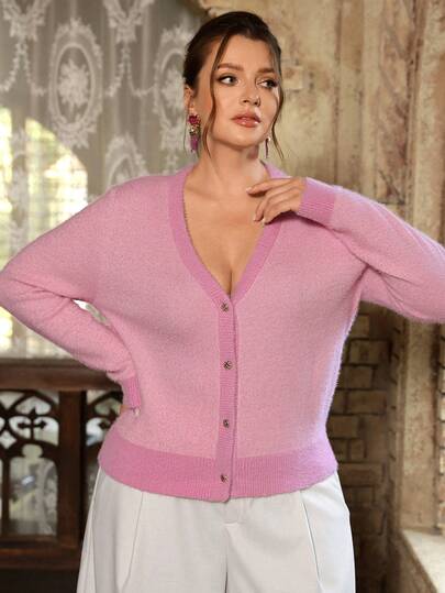 VOLUPTÉ CURVE Plus Size Elegant Wool Blend V-Neck Dropped Shoulder Long Sleeve Ribbed Waistline Crystal Button Embellished Soft Fluffy Stretchy Slim Knit Texture Short Cardigan Sweater For Women, Casual, Work, Date, Party, Vacation, Versatile